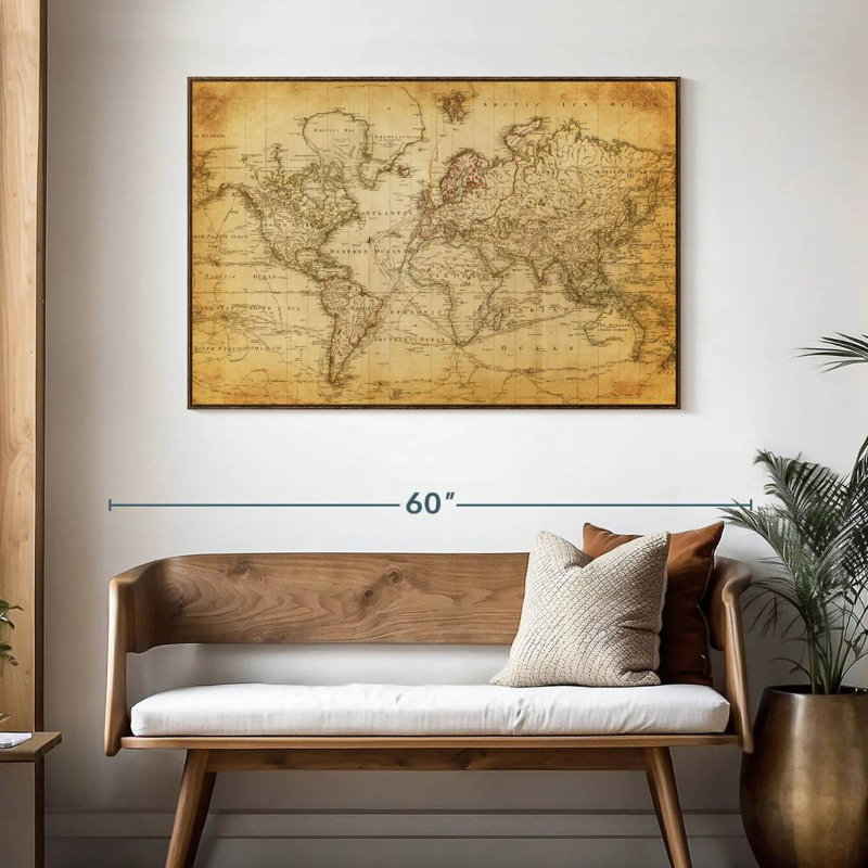 Carte du monde de l'Ancien siècle, 46 po x 31 po, Cadre flottant en noyer