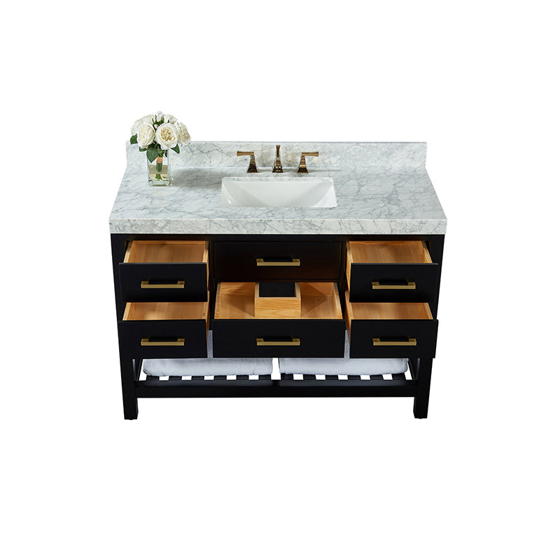 Elizabeth 48'' W Single Vanity, Black Onyx/Brushed Gold, Carrara White Marble