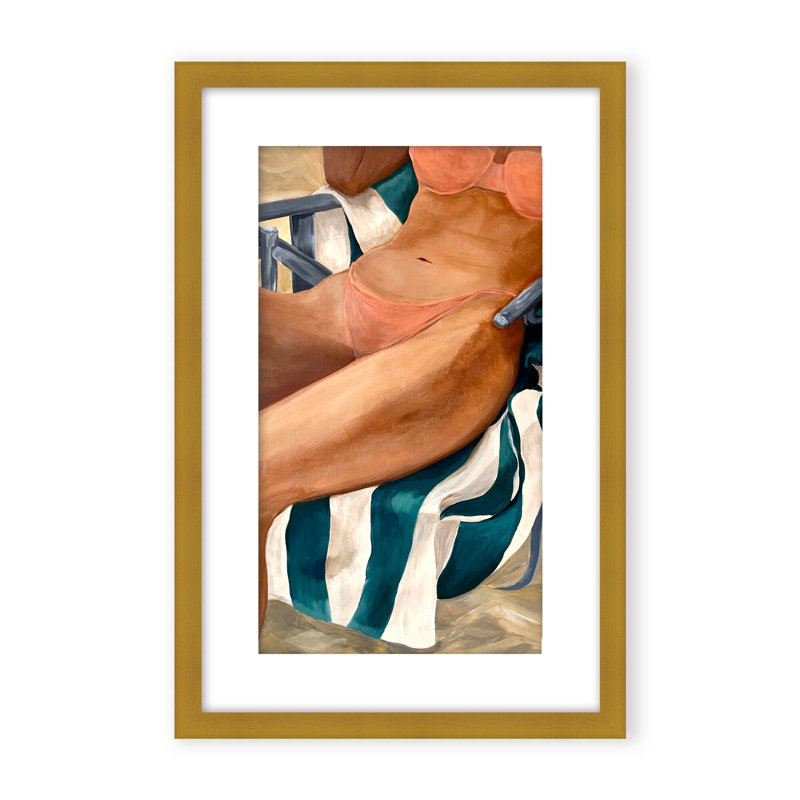 Coastal Retreat Riviera Retreat: Woman Lounging On Beach Towel And Chair, 24" H x 16" W x 1.125" D, White