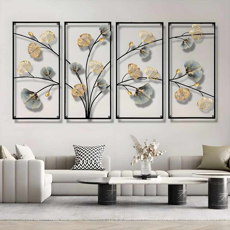 Ensemble de 4 pièces d'art mural en cuir et feuille de ginkgo, décor moderne peint à la main pour le vestibule et le salon