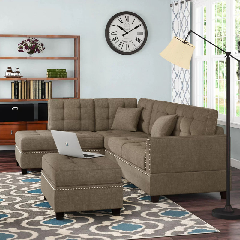 Romulus Upholstered L-Shaped Sectional Reversible, Coffee Polyester Blend