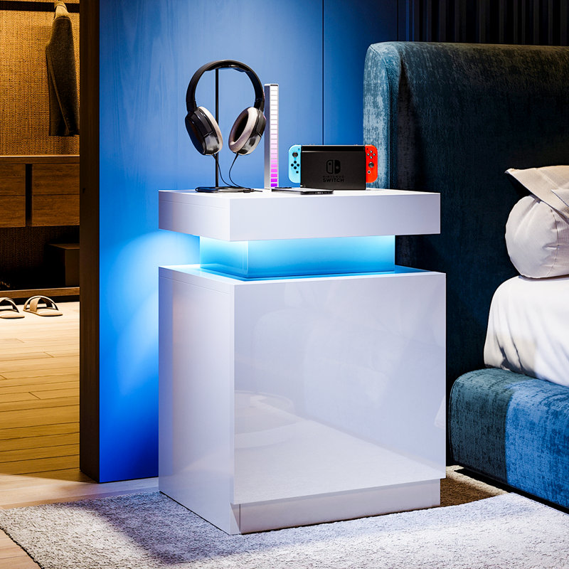 Nightstand Set Of 2, Led Nightstand With One Cabinet, Bedside Table With Led Lights, Modern End Side Table For Bedroom, White