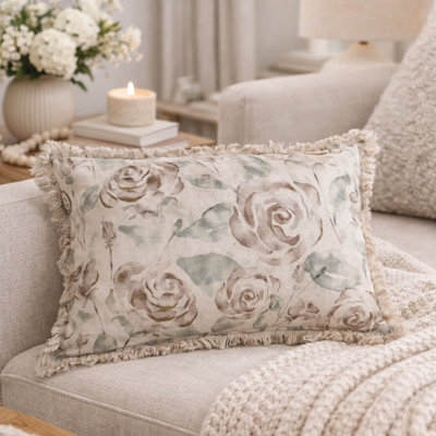 Lumbar Pillow | Linen Printed Pillow with Fringes | 16x24"