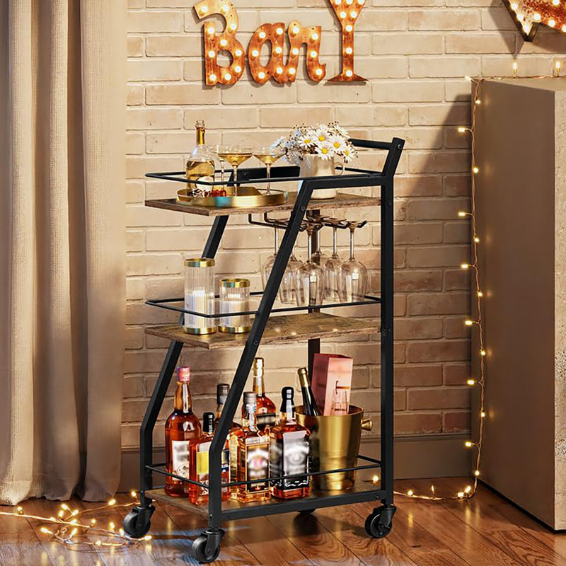 Chariot de service de bar à 3 niveaux avec support en verre