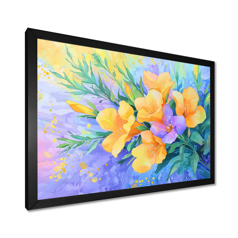 Symphonie lumineuse de fleurs de freesia jaune II - impression d'iris, Picture Framed Print, Black, 12" H x 20" W