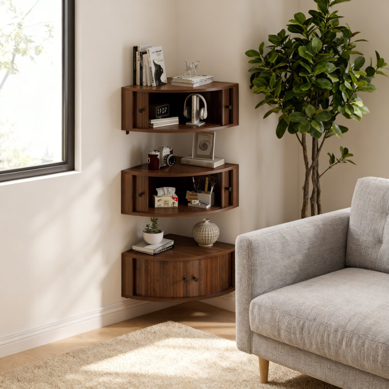 Corner Shelves Wall Cabinet Set Of 3, Curved Floating Corner Accent Cabinet With Sliding Doors
