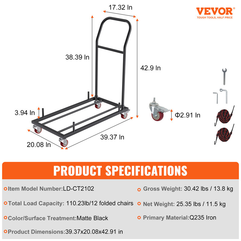 110 lb Chariot à roulettes pliable Capacité, H 42,9 po x l 20,09 po x P 39,37 po