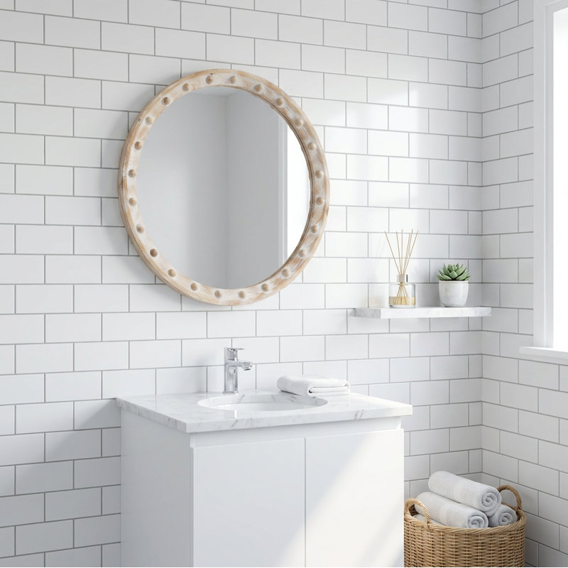 Miroir mural vintage rétro rustique avec cadre en bois vieilli et détail de rivet