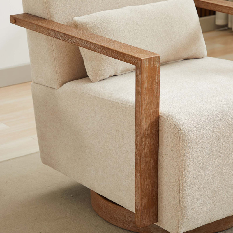 Fauteuil d'appoint pivotant moderne avec accoudoirs en bois massif et rotation à 360 degrés, Beige Fabric