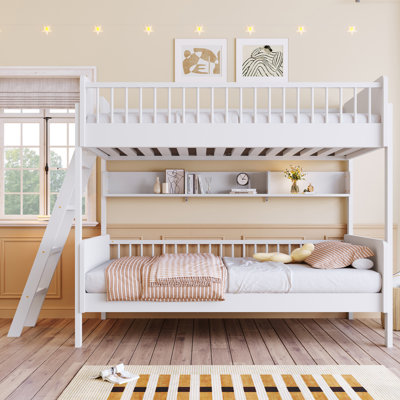 Twin Size Wooden Bunk Bed with 3 Storage Shelves & Reversible Ladder, White
