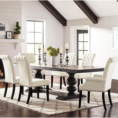 European Traditional 7 Dining Featuring Rectangular Extendable Table, Double Pedestal Base, And Cream Upholstered Chairs In Beige Main Color With Button- Distressed Finish
