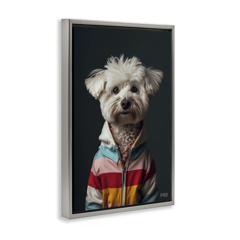 Chien terrier avec toile coupe-vent par Roozbeh Bahramali, H 25 po x l 17 po, Cadre flottant gris lustré