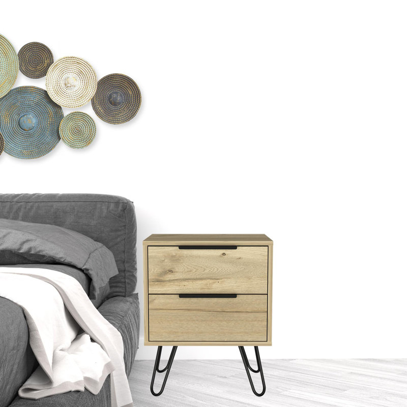 Nightstand, Hairpin Legs, Two Drawers, Brown