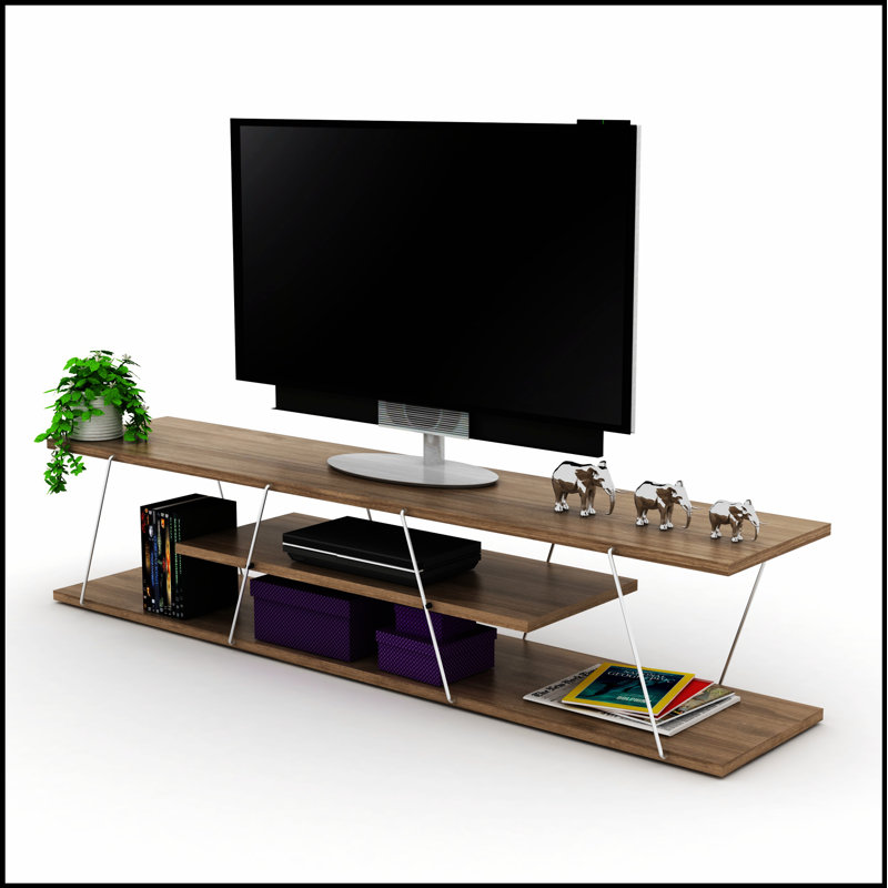 FurnisHome Mid Century Modern TV Stand with 4 Shelves, Open Storage, and Metal Cords Management, 56 Inch Low Unit in Walnut