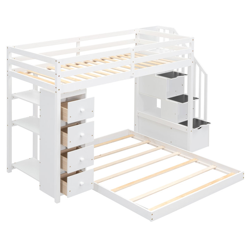 Lit superposé simple au-dessus d'un lit double en blanc avec éléments de rangement fonctionnels - Transformez votre chambre à coucher en un espace pratique avec des tablettes, des tiroirs et des escaliers à 3 couches