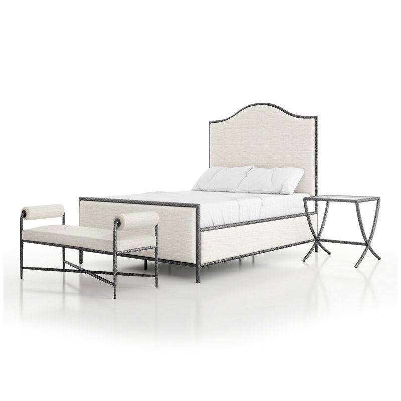 Ensemble de chambre à coucher 3 pièces en métal martelé moderne Lalia, Lit double, Gris mat