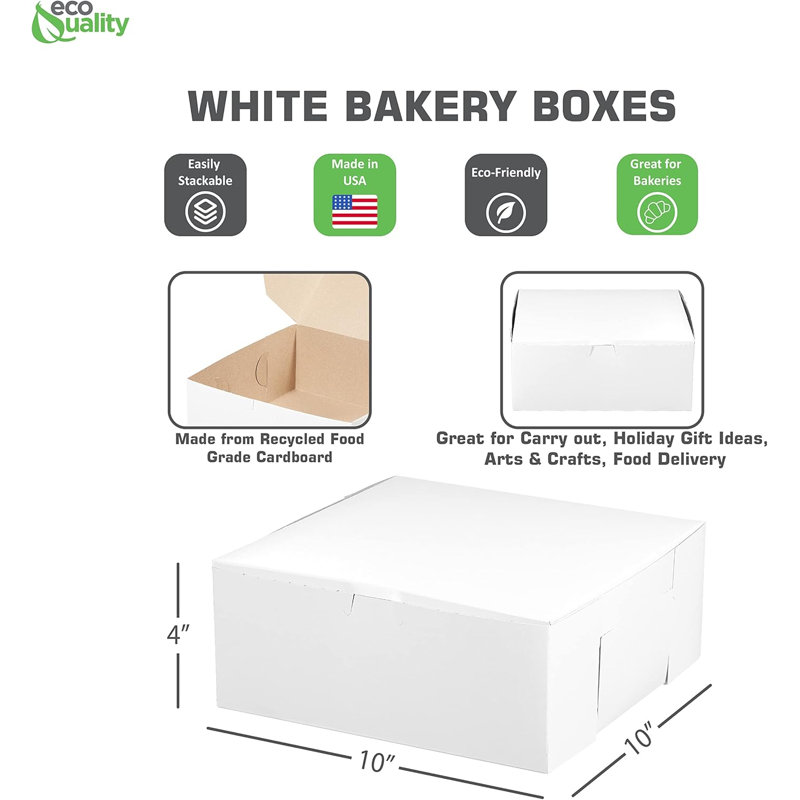Boîtes à pâtisserie en carton blanc 10 x 10 x 4 Ecoqualité - pour pâtisseries, biscuits, gâteaux, tartes, boîtes-cadeaux et fêtes de naissance (10)