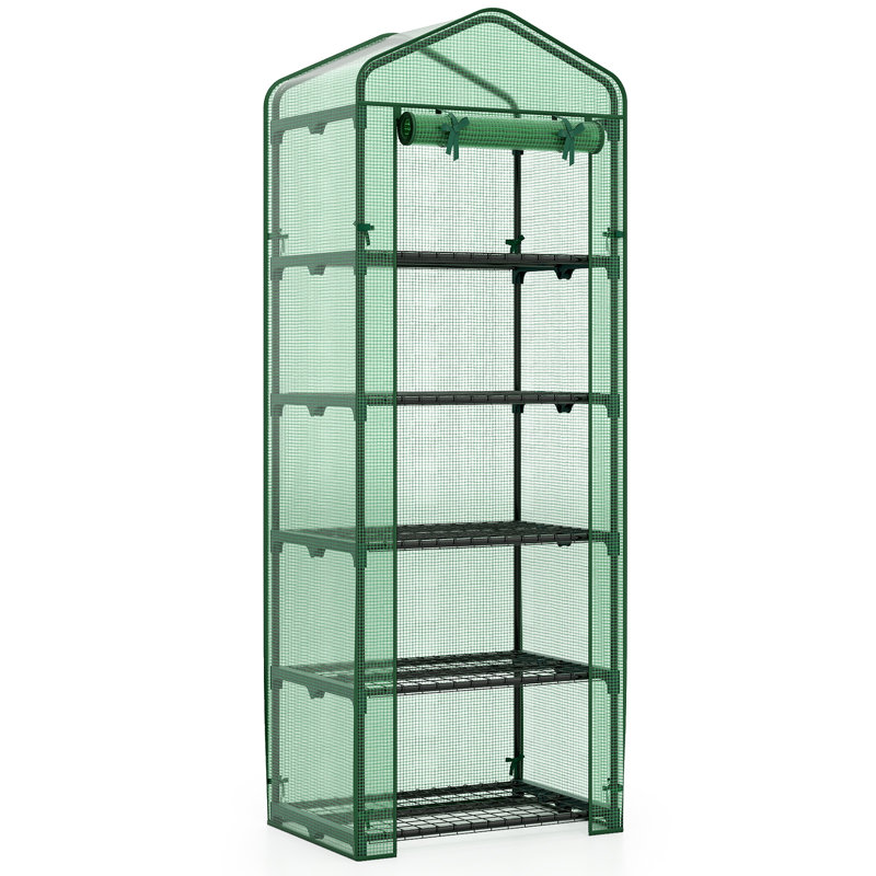 Mini Greenhouse with 5 Tier Shelves, PE Cover, Roll-Up Zipper Door, Green