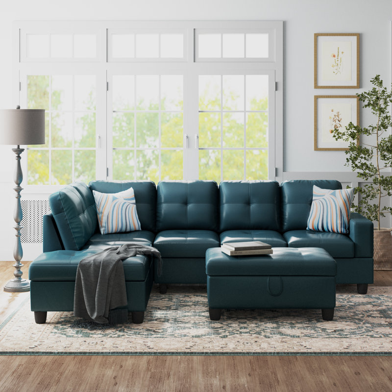 Brevard Faux Leather L-Shaped Sectional, Left Hand Facing, Dark Teal