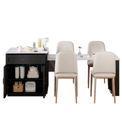 Îlot de cuisine 82,7 pouces avec table extensible, grain de bois noir, double rangement, 2 tiroirs, 1 port Type-C, table de salle à manger pour 4 à 6 personnes, armoire, rangement, tablettes latérales, prise de courant