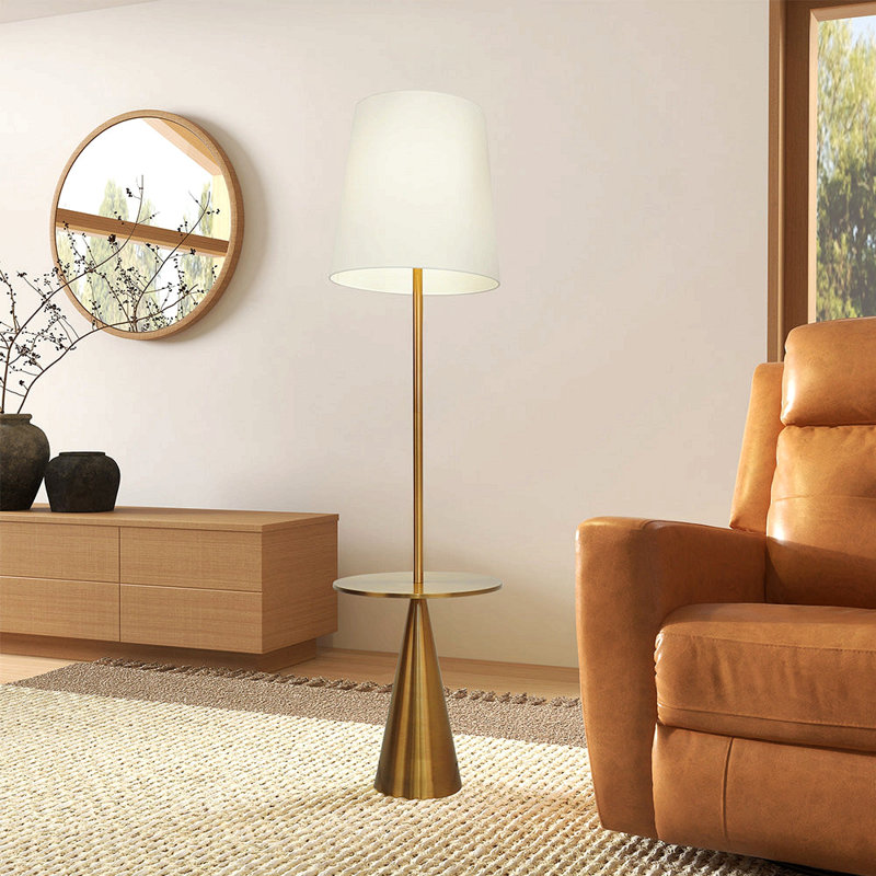 Lampe sur pied céleste moderne avec table d'appoint en laiton avec grand abat-jour blanc