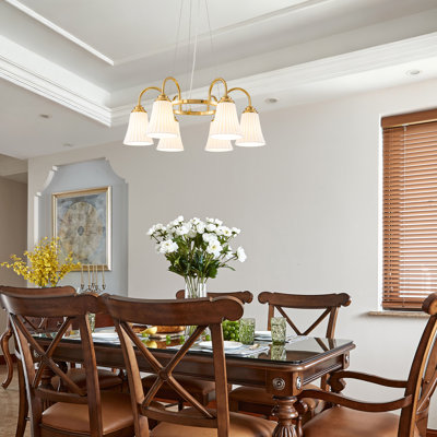 Lustre moderne doré à 6 lumières avec abat-jour en céramique pétale, hauteur réglable de 13,78 po à 86,61 po pour plafonds inclinés / voûtés, homologué ETL