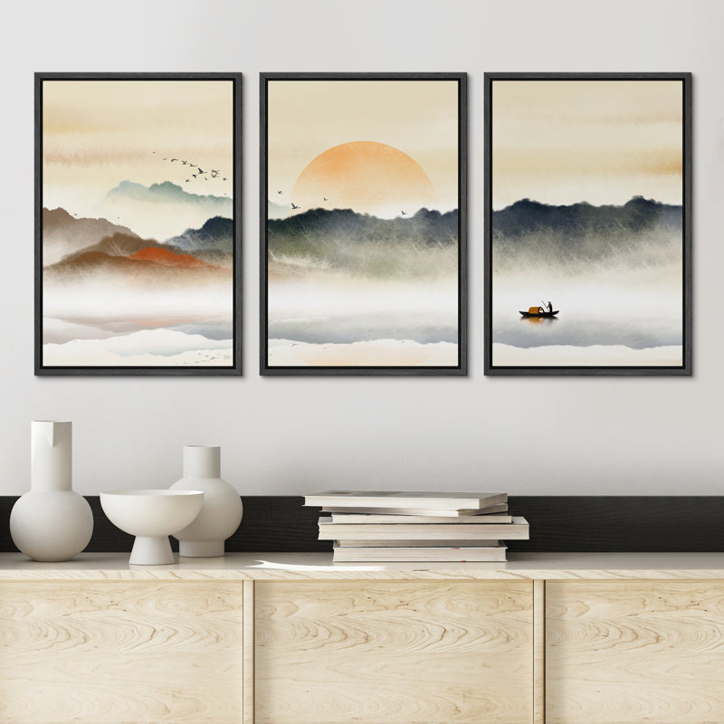 «Abstract Landscape Rising Sun Misty Ocean Mountain», peinture sur toile 3 pièces, H 24 po x l 48 po, Cadre flottant noir