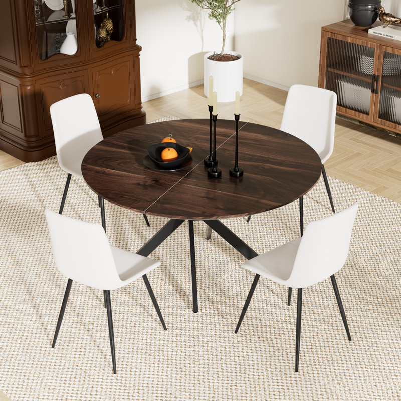 Round Dining Table Set, 5, Brown, White
