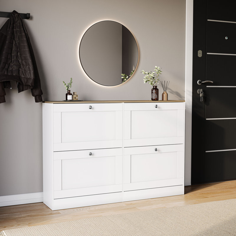 4 Drawer Shoe Cabinet with Oak Top Modern Shoe Storage For Hallway Living Room & Bedroom, White/Oak