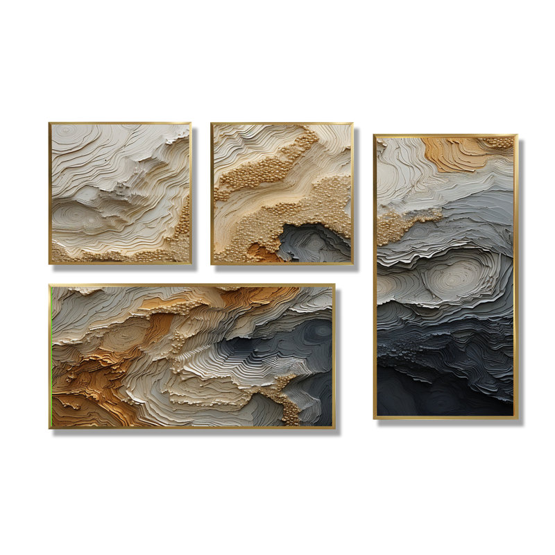 «Gold and Beige River Spiral», art abstrait sur toile, 4 pièces, Impression encadrée sans passe-partout, Doré
