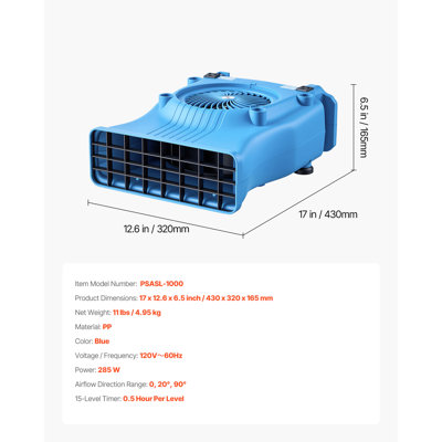 Ventilateur-souffleur, 1000 CFM, 2 vitesses, séchoir à tapis compact, flux d'air multi-angles, léger et portable pour vides sanitaires, greniers, sous-sols, salles de bain, restauration après dégâts d'eau, bleu