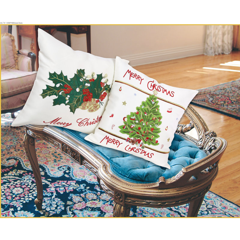 Embroidered Merry Christmas Tree Square Polyester Cushion Cover