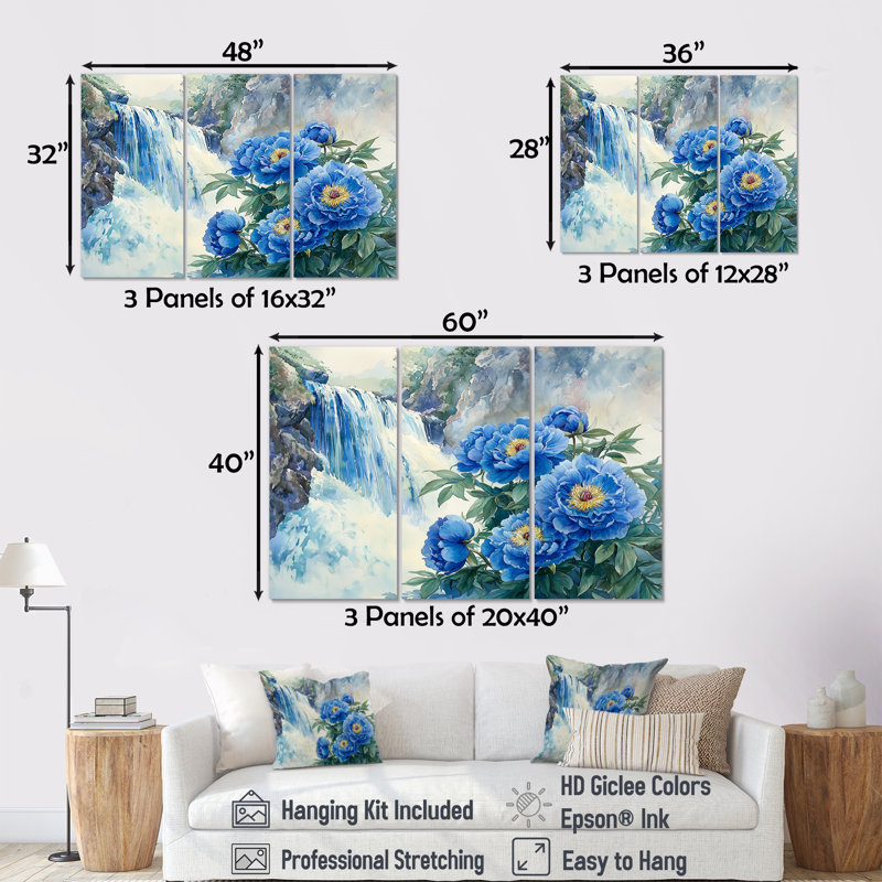 Pivoines par la cascade II - art mural pivoines - 3 panneaux, H 28 po x l 36 po, Toile tendue, Ne s’applique pas