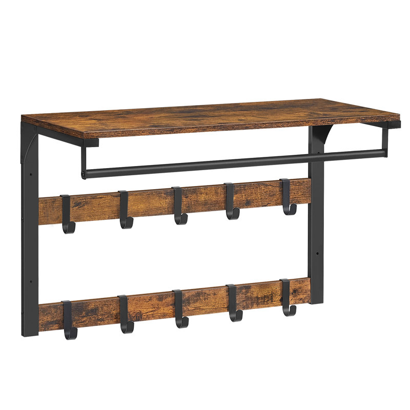 Meila Steel Wall 10 - Hook Wall Mounted Coat Rack, Rustic Brown/Black