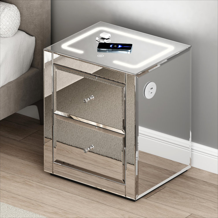 Yolanta Nightstand Mirror Glass Top with LED Light, Wireless or USB Charging Station and Drawers