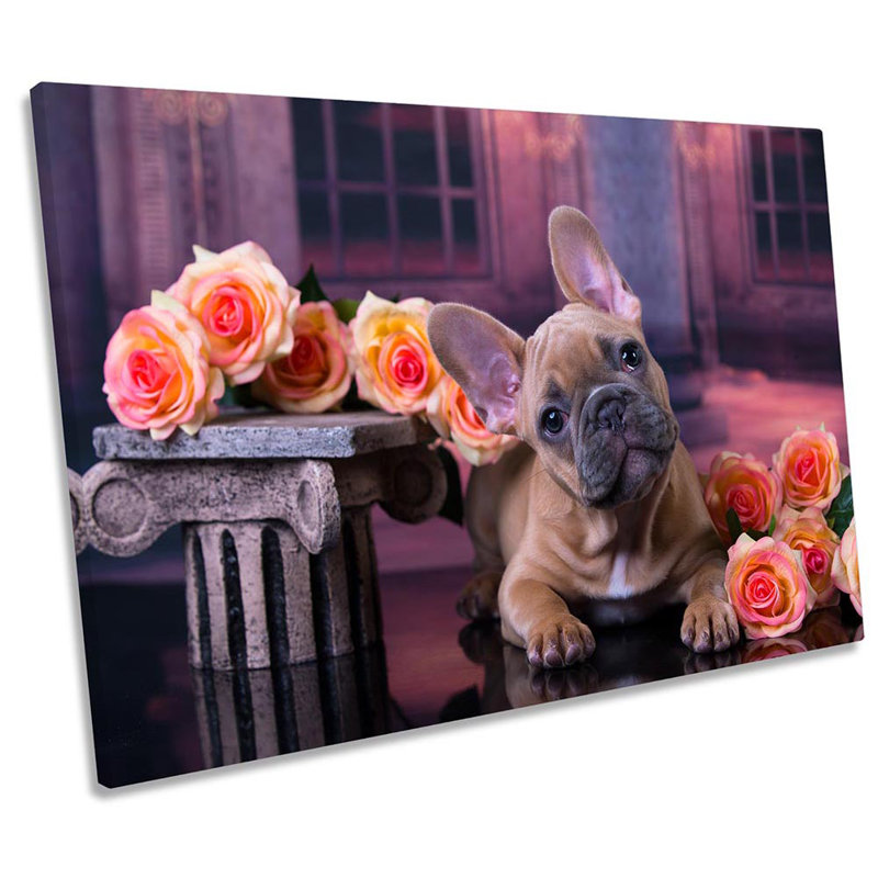 French Bulldog Puppy Flowers - Wrapped Canvas Print, 40.6cm H x 61cm W