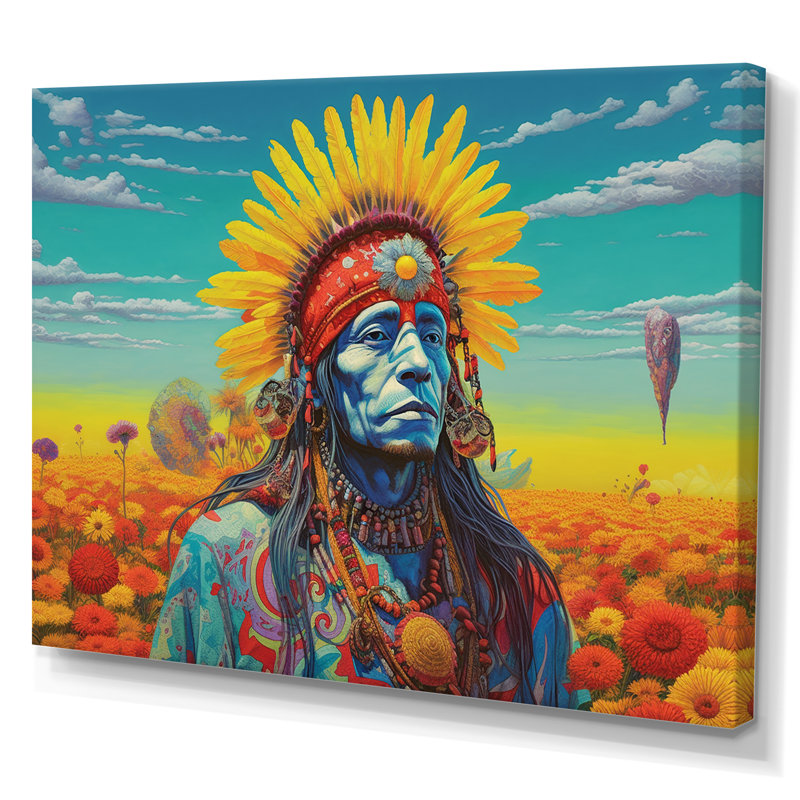 Chaman amérindien avec coiffe en plumes I sur toile, H 16 po x l 32 po, Toile tendue