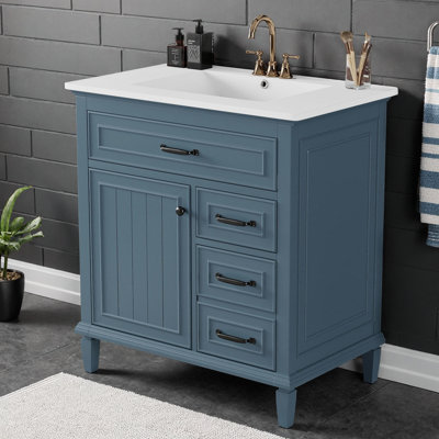 Meuble-lavabo de 30 po avec lavabo en céramique | Structure en bois de pin massif, 3 tiroirs (rabattables + 2 coulissants), tablette réglable et porte à fermeture en douceur, armoire de rangement autoportante