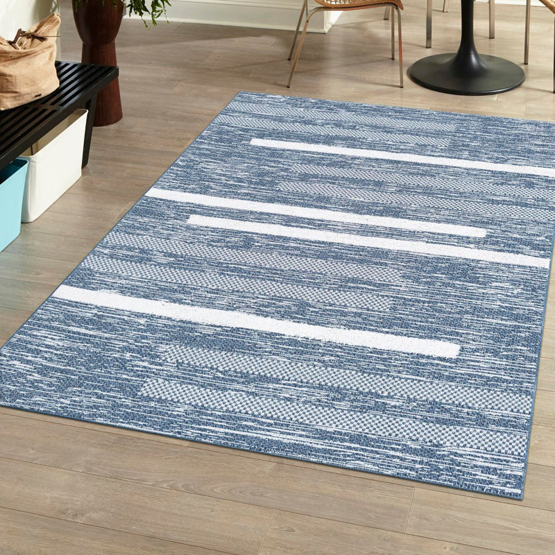 Tapis bleu marine en coton tissé à la machine à motif géométrique Jiacheng, Rectangle 5 pi 3 po x 8 pi
