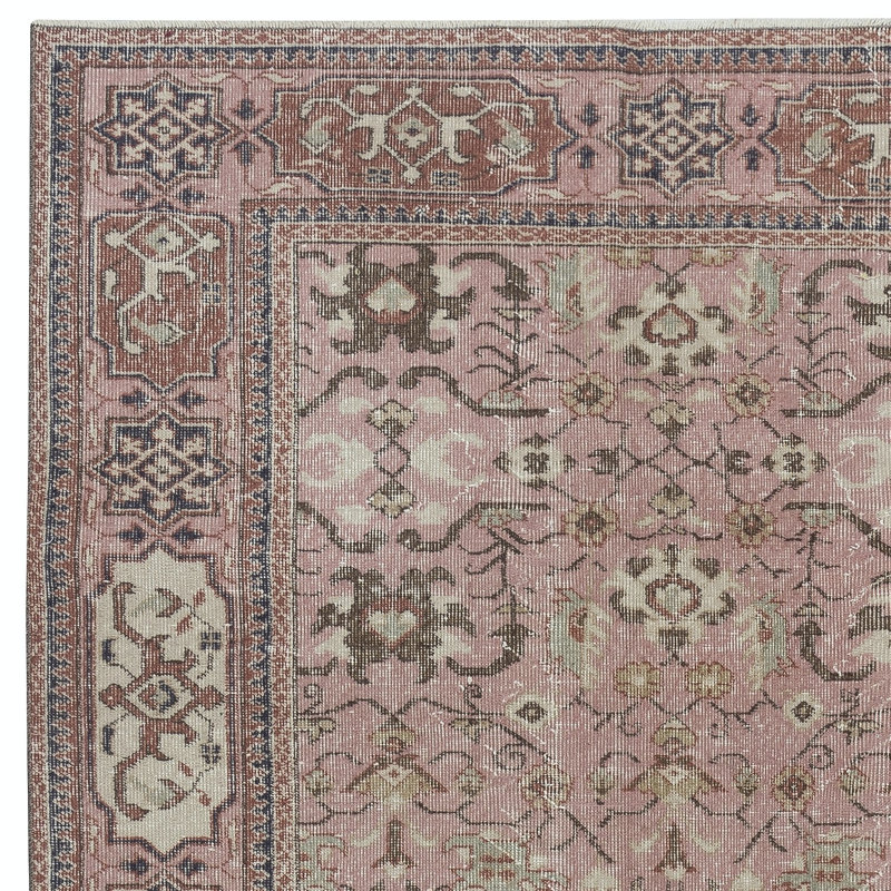 Tapis turc rétro à motif floral fabriqué à la main de couleur rose