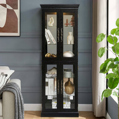 Elegant Lighted Glass Curio Display Cabinet - Wooden Frame Storage For Living Room, Kitchen & Pantry - Includes Light Bulb - Ideal For Wine, Toys & Collectibles