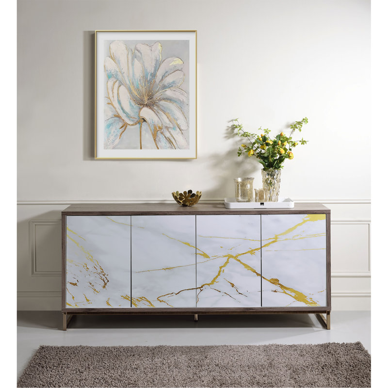 White Marble Paint Oak & Champagne Finish Console Cabinet