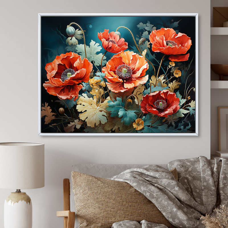 «Red and Green Poppy Reverie I», art mural coquelicots, Cadre flottant blanc, H 12 po x l 20 po x P 1 po