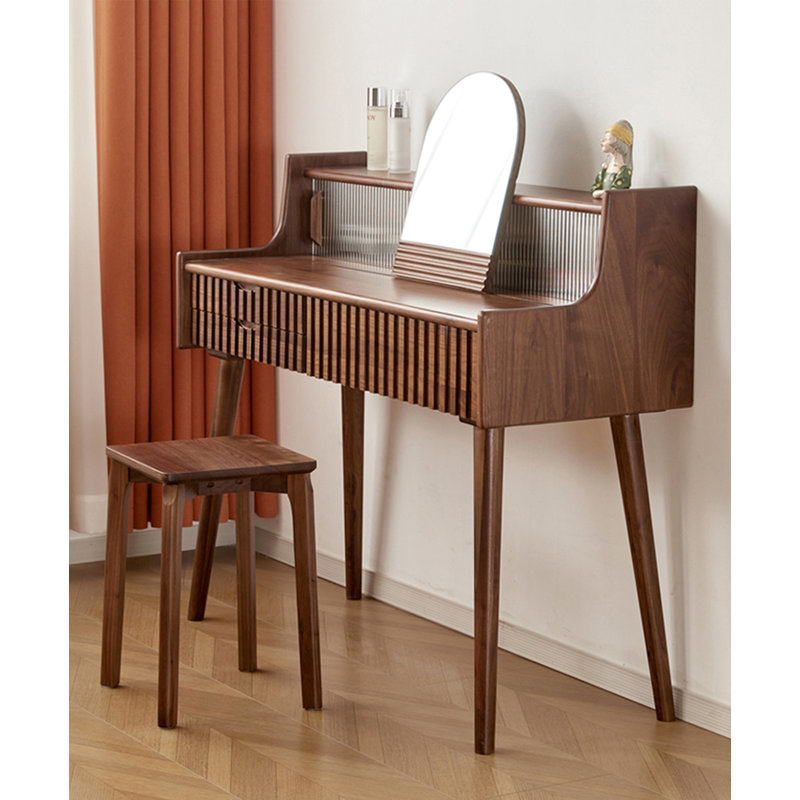 Coiffeuse en noyer noir de style moderne minimaliste avec tiroirs texturés et armoire en verre coulissante