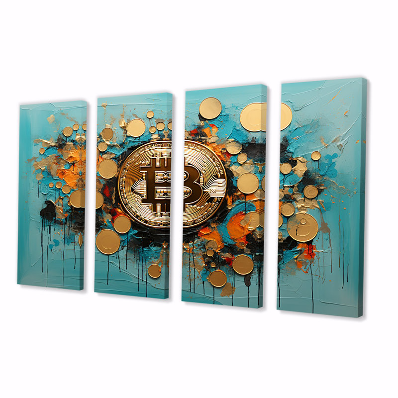 Or et bleu Crypto Bitcoin Collage - ensemble de décoration murale mode 4 pièces, H 28 po x l 48 po