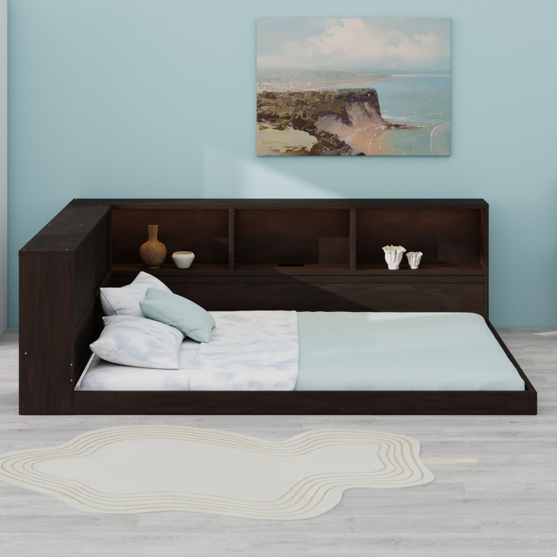 Lit de jour avec tablettes de rangement, port USB et DEL, Brun