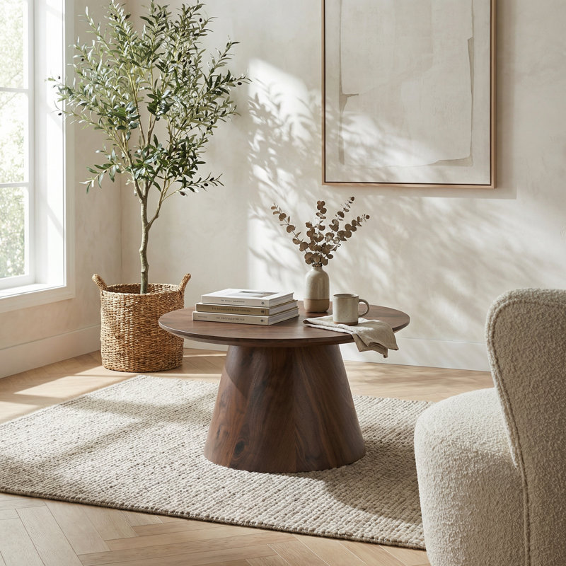Classic Walnut Wood Grain Circular Coffee Table with Adjustable Feet and Anti-Slip Design for Living Room or Bedroom Decor