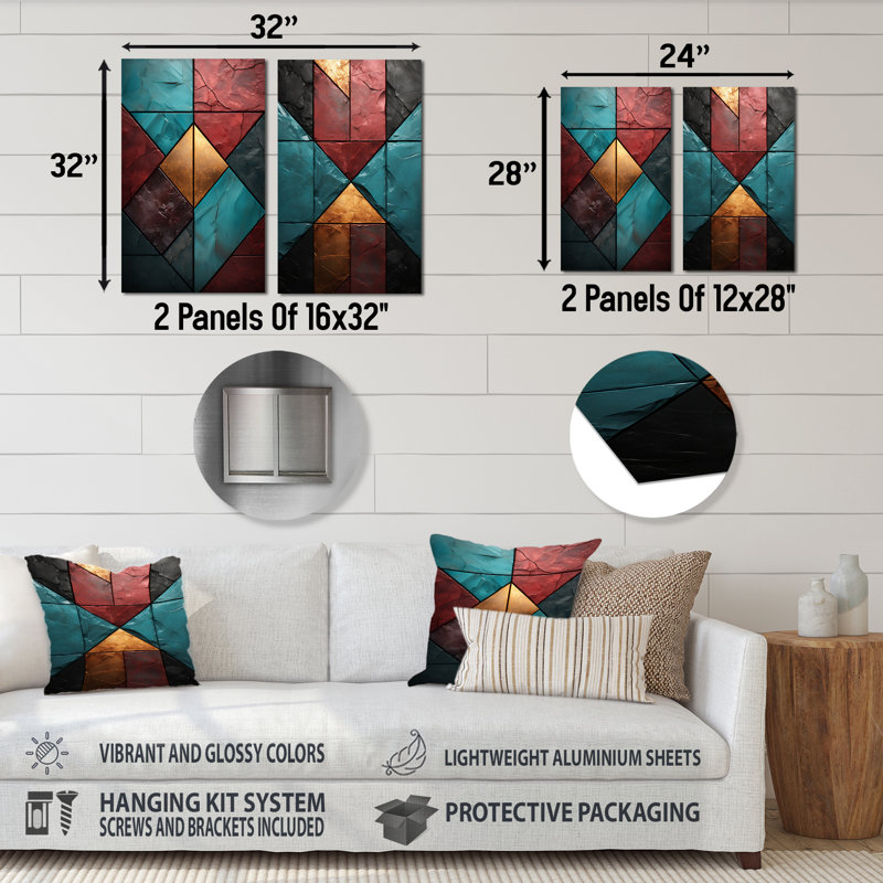 Carreaux de chevron bleu et rouge Elegance I - ensemble de 2 décorations murales en métal, H 28 po x l 24 po
