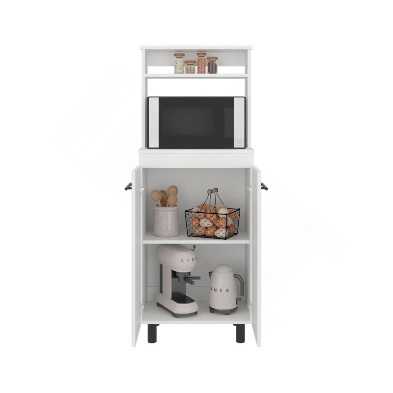 Buffet de cuisine autoportant et support pour micro-ondes avec armoire à 2 portes avec tablettes de rangement intérieures, une tablette supérieure et un comptoir compact