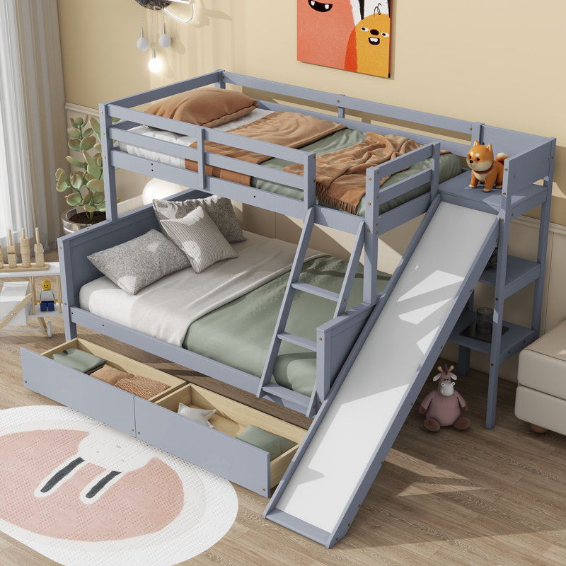Lit simple superposé au dessus d'un lit double avec glissières et tiroirs de rangement, Gris